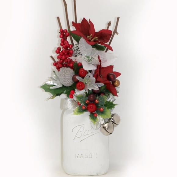 Holiday Ball Mason Jar Floral Arrangement Centerpiece, Poinsettia Flowers - Picture 2 of 10
